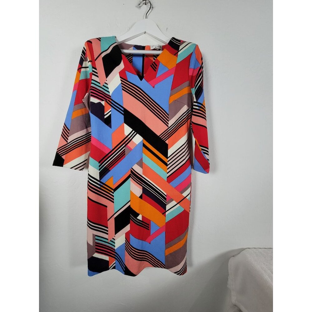Wesleerose Colorful Geometric Print Long-Sleeve V-Neck Shift Dress Large Stretch